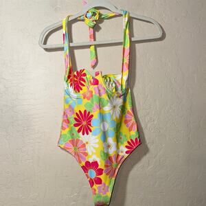Dolls kill Sugar Thrillz "Groovy Happenings" one-piece swimsuit cheeky halter